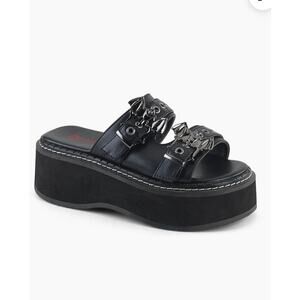 Demonia Emily-100 Black Bat Buckle Platform Slide Sandals Vegan Size 7